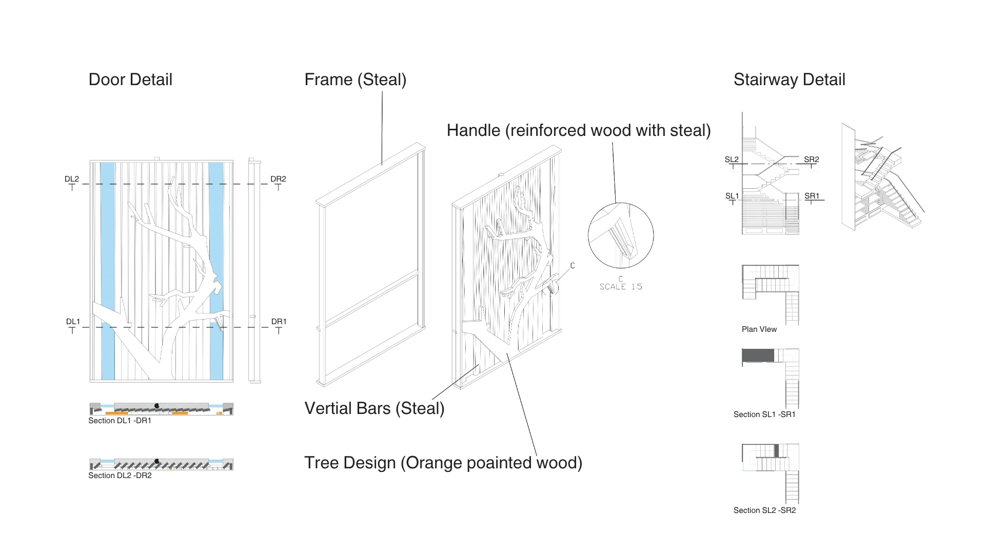 At hand. Stair, shelf and handrail are designed at the scale of touch.