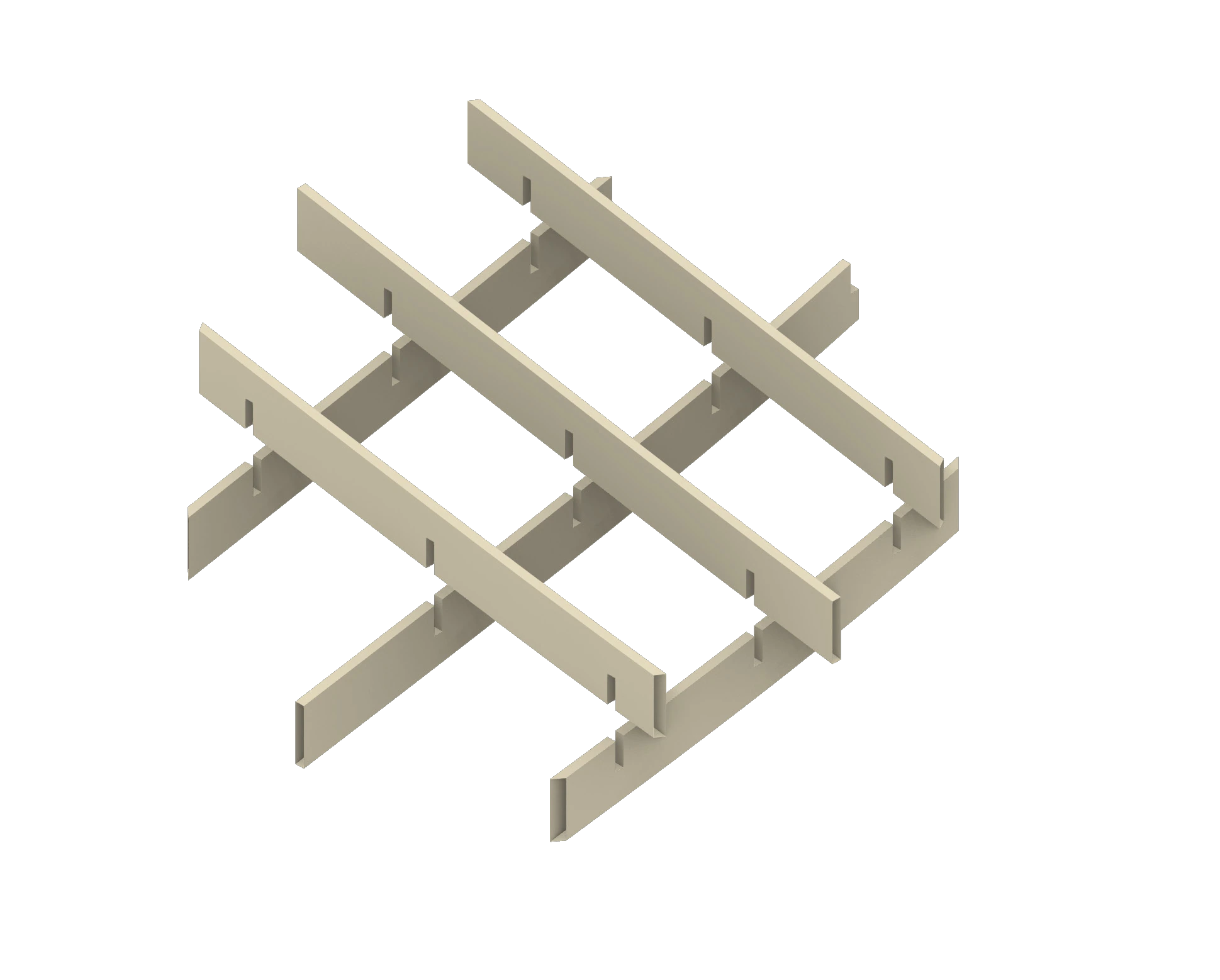 Waffle assembly. Two intersecting rib families lock into a continuous timber surface.
