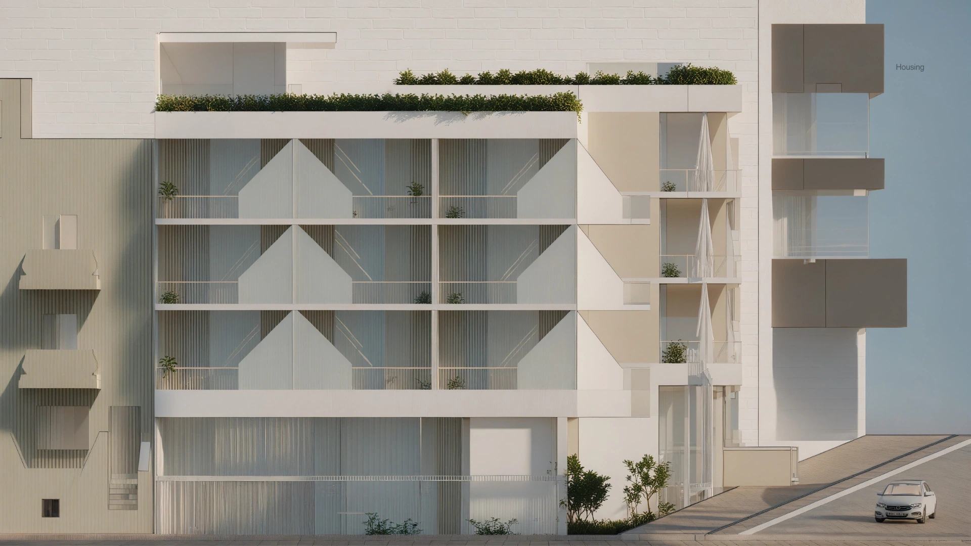 Street elevation. The fold gives the collective façade rhythm without repetition becoming anonymous.