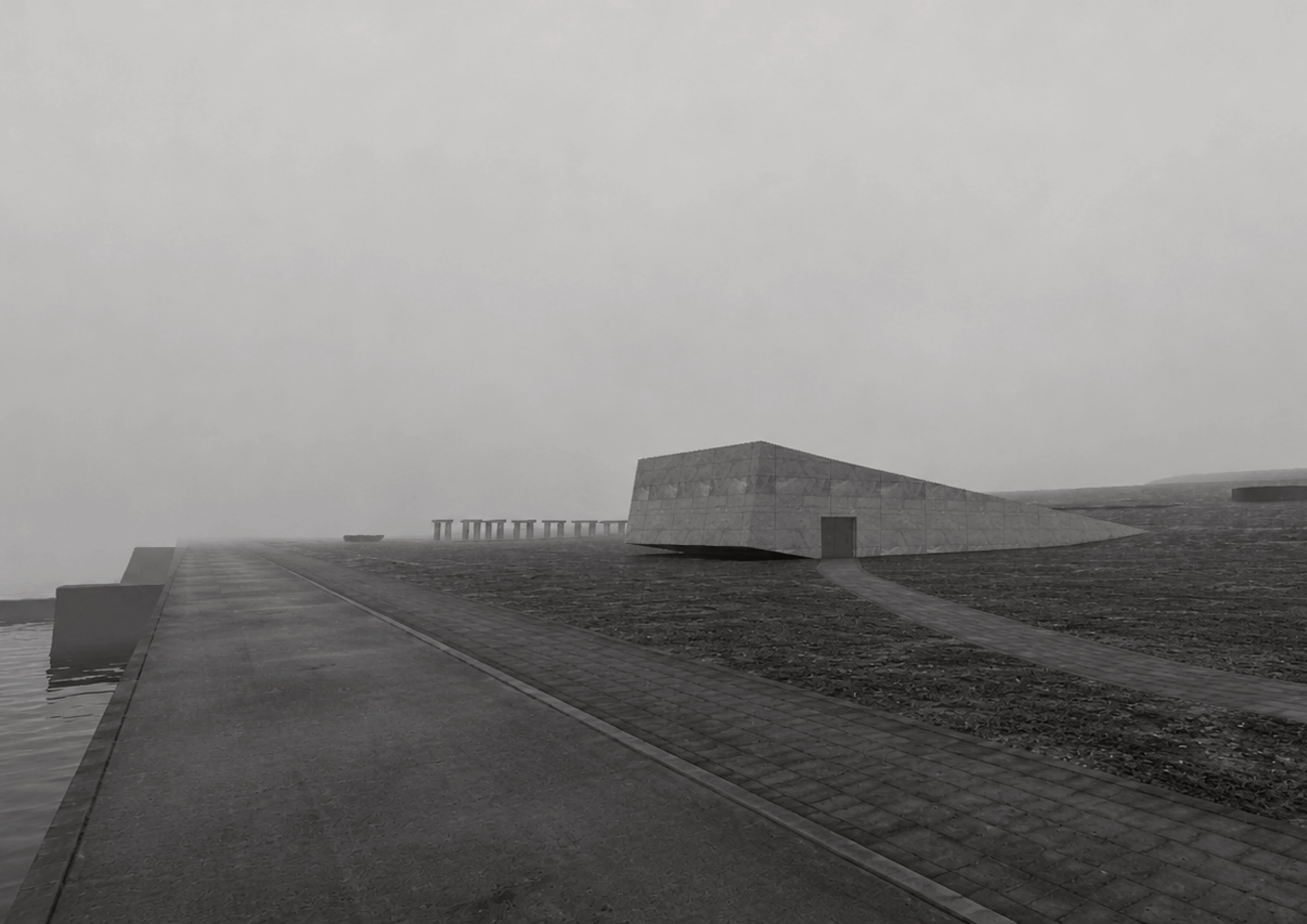 Arrival. The entrance reads as a cut in the valley, not a building placed upon it.