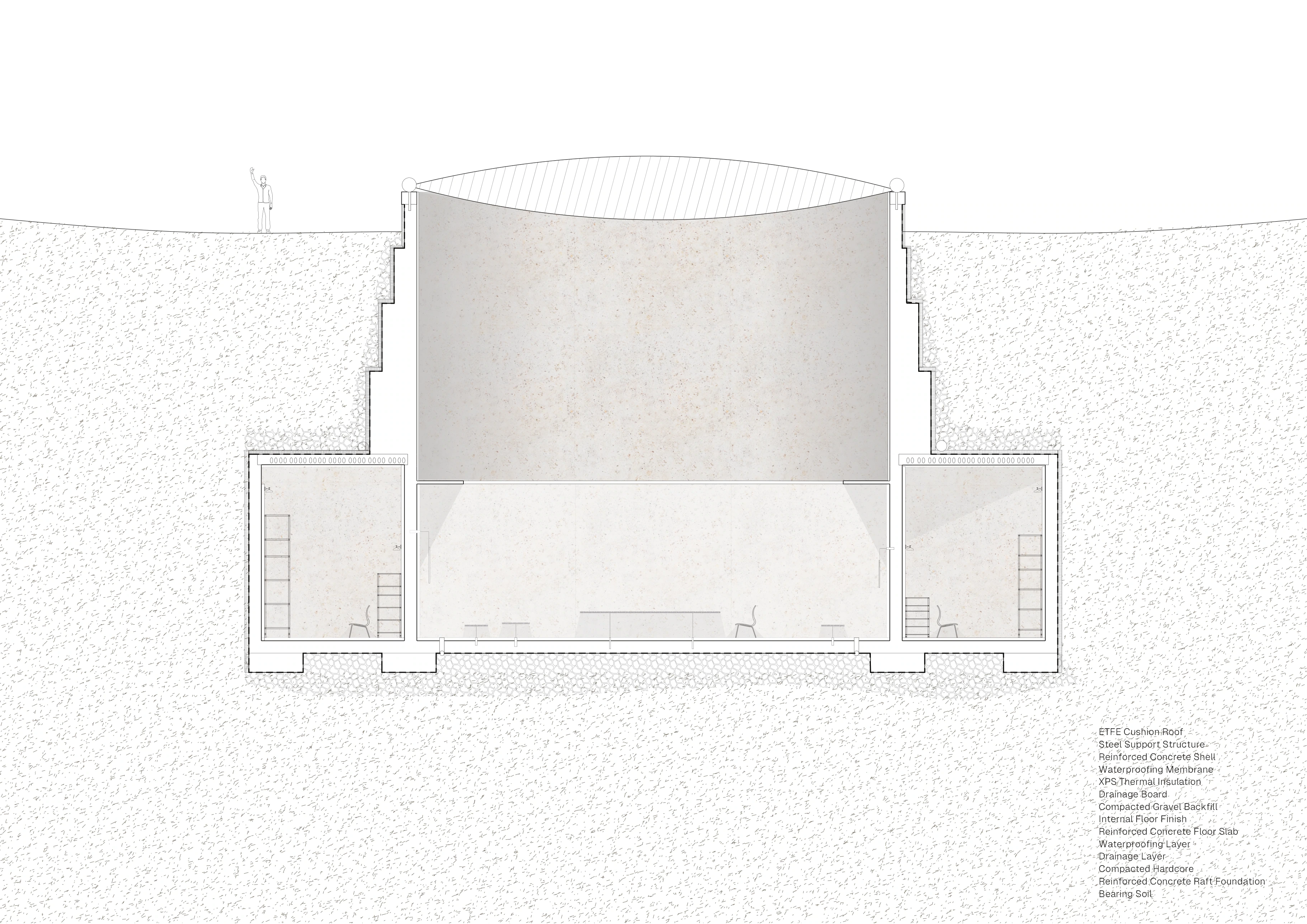 Roof lens. An ETFE cushion admits a final, diffuse sky.