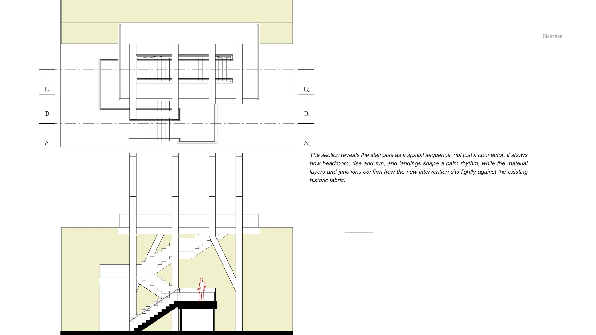 Construction. A compact detail resolves the meeting of new structure and old ground.