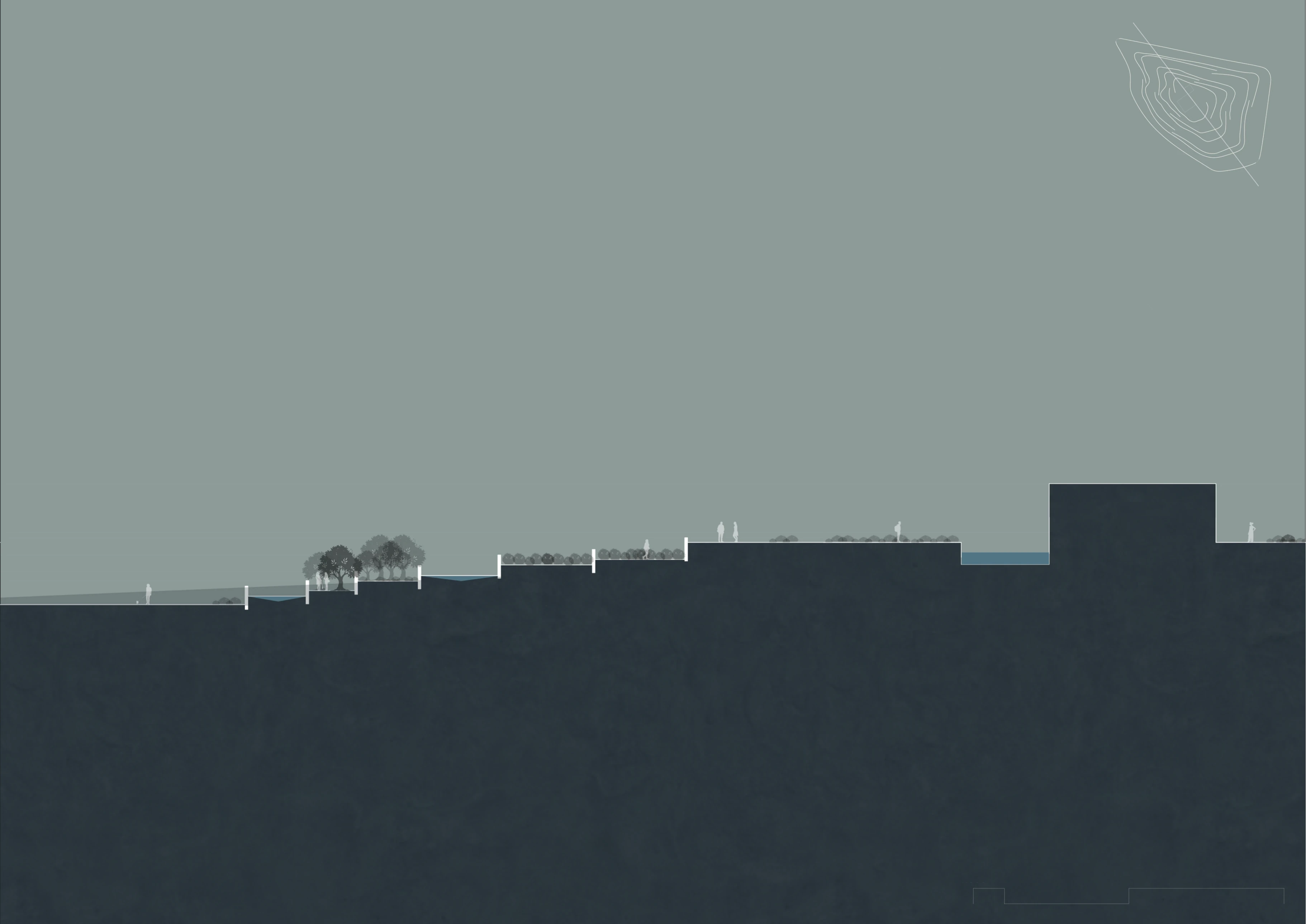 Slow ascent. Terraces gather rain and choreograph the climb.